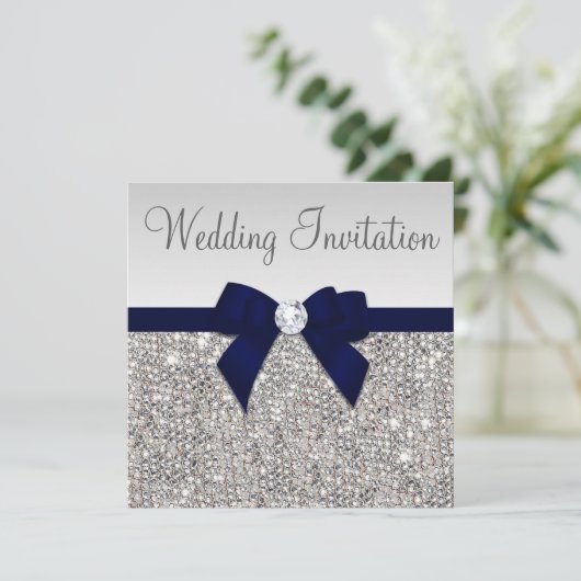 Imitate Silver Sequins Diamonds Dark Navy Bow Hoch Einladung (Stehend Vorderseite)