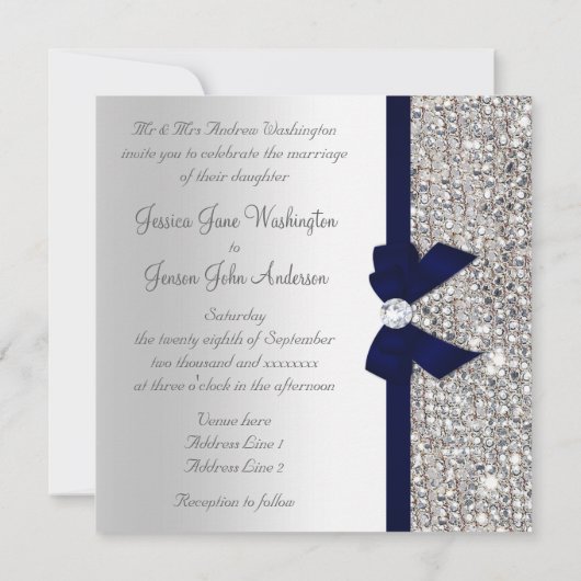 Imitate Silver Sequins Diamonds Dark Navy Bow Hoch Einladung (Rückseite)