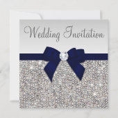 Imitate Silver Sequins Diamonds Dark Navy Bow Hoch Einladung (Vorderseite)