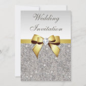 Imitate Silver Sequins Diamonds Gold Bow Wedding Einladung (Vorderseite)
