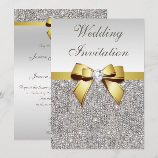 Imitate Silver Sequins Diamonds Gold Bow Wedding Einladung (Vorne/Hinten)