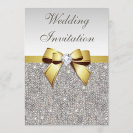 Imitate Silver Sequins Diamonds Gold Bow Wedding Einladung