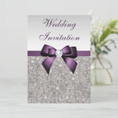 Imitate Silver Sequins Diamonds Lila Bow Wedding Einladung (Stehend Vorderseite)