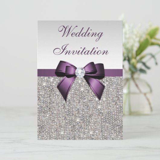 Imitate Silver Sequins Diamonds Lila Bow Wedding Einladung (Stehend Vorderseite)