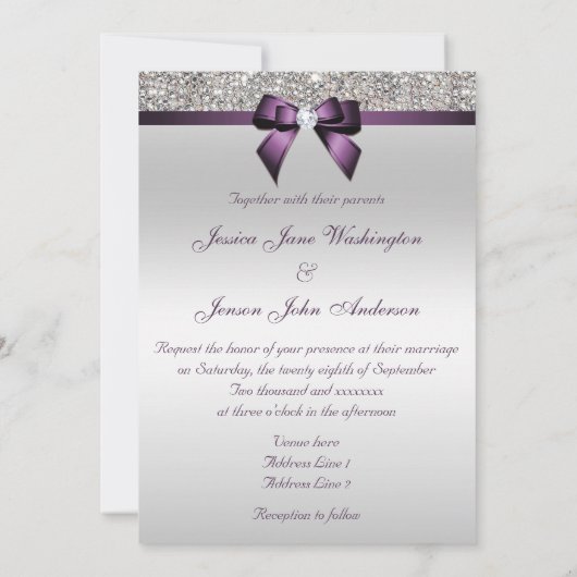 Imitate Silver Sequins Diamonds Lila Bow Wedding Einladung (Rückseite)