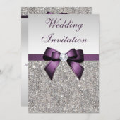 Imitate Silver Sequins Diamonds Lila Bow Wedding Einladung (Vorne/Hinten)