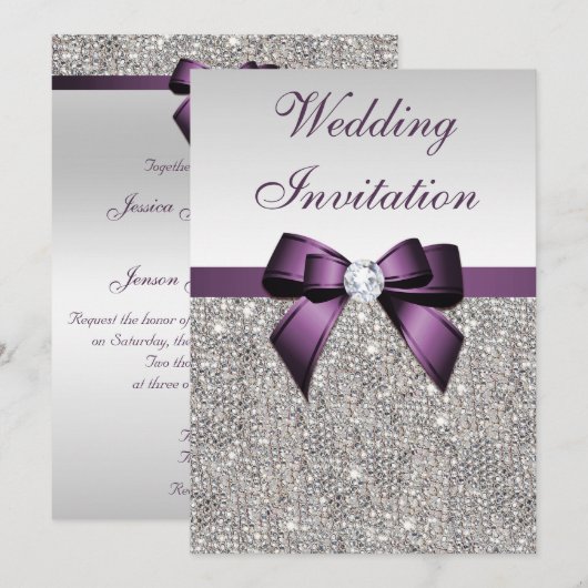 Imitate Silver Sequins Diamonds Lila Bow Wedding Einladung (Vorne/Hinten)