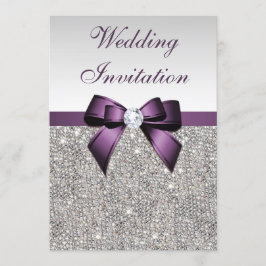 Imitate Silver Sequins Diamonds Lila Bow Wedding Einladung