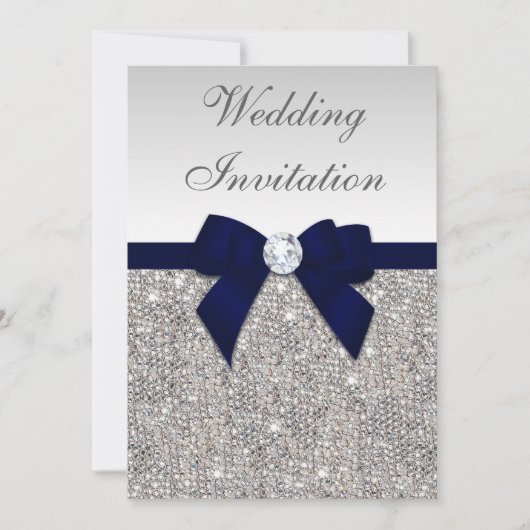 Imitate Silver Sequins Diamonds Navy Bow Hochzeit Einladung (Vorderseite)