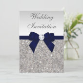 Imitate Silver Sequins Diamonds Navy Bow Hochzeit Einladung (Stehend Vorderseite)