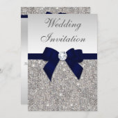 Imitate Silver Sequins Diamonds Navy Bow Hochzeit Einladung (Vorne/Hinten)