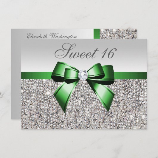 Imitate Silver Sequins Emerald Bow Diamond Sweet 1 Einladung (Vorne/Hinten)