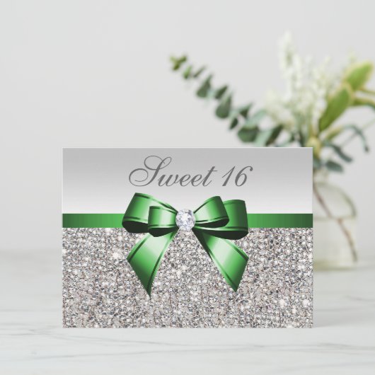 Imitate Silver Sequins Emerald Bow Diamond Sweet 1 Einladung (Stehend Vorderseite)