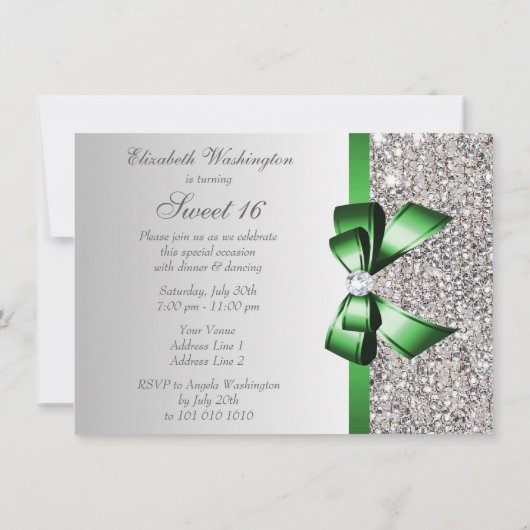 Imitate Silver Sequins Emerald Bow Diamond Sweet 1 Einladung (Rückseite)