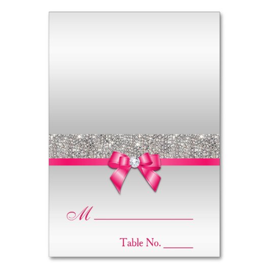 Imitate Silver Sequins Hot Pink Bow Platzkarte Tischnummer (Vorderseite)