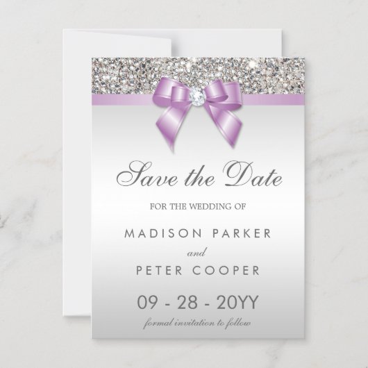 Imitate Silver Sequins Lilac Bow Save the Date Magneteinladung (Vorderseite)