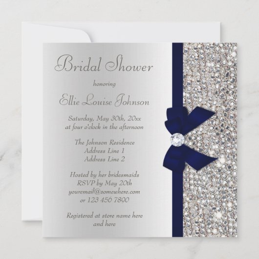 Imitate Silver Sequins Navy Blue Bow Brautparty Einladung (Rückseite)