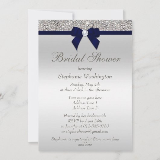 Imitate Silver Sequins Navy Bow Brautparty Einladung (Rückseite)
