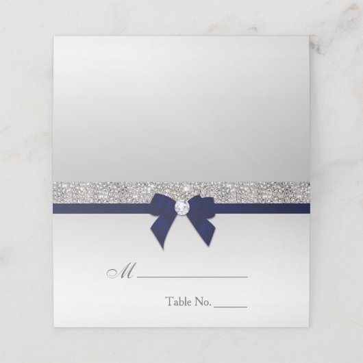 Imitate Silver Sequins Navy Bow Platzkarte (Außenseite Aufgefaltet)