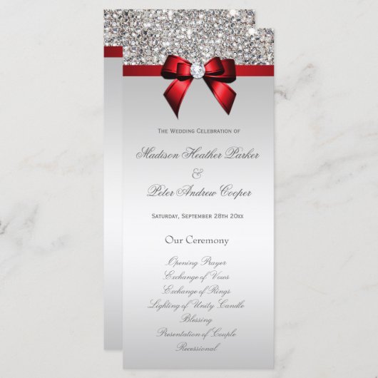 Imitate Silver Sequins Red Bow Wedding Program Programm (Vorne/Hinten)