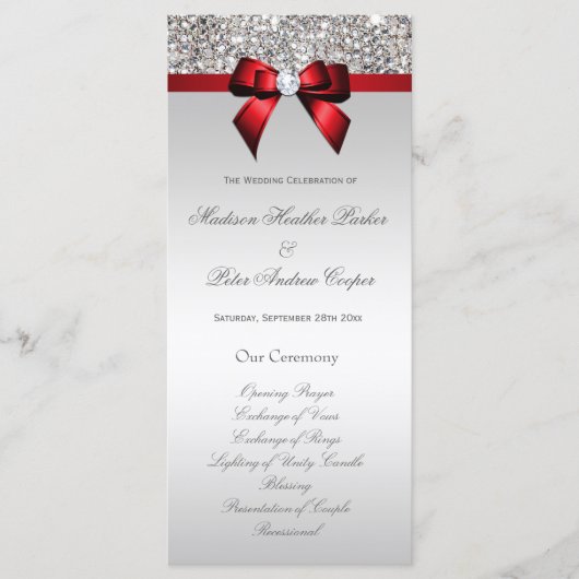 Imitate Silver Sequins Red Bow Wedding Program Programm (Vorderseite)