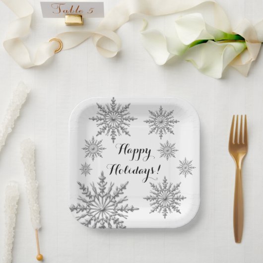 Imitate Silver Winter Snowflake Happy Holidays Pappteller (Hochzeit)