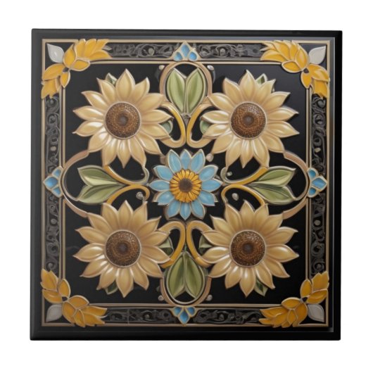 Imitate Sonnenblumen Relief Folk Gelb und Schwarz Fliese (Vorderseite)
