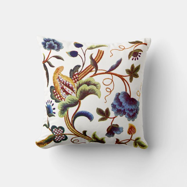 Imitate Stickerei - Blauer Jacobohnen Crewel Stick Kissen (Vorderseite)