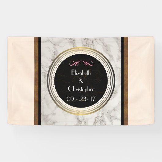 Imitate Taupe Marmor mit Schwarz und Gold Hochzeit Banner (Horizontal)
