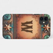 Imitate Tooled Leather Türkis Brown Custom Initial Case-Mate iPhone Hülle (Rückseite (Horizontal))
