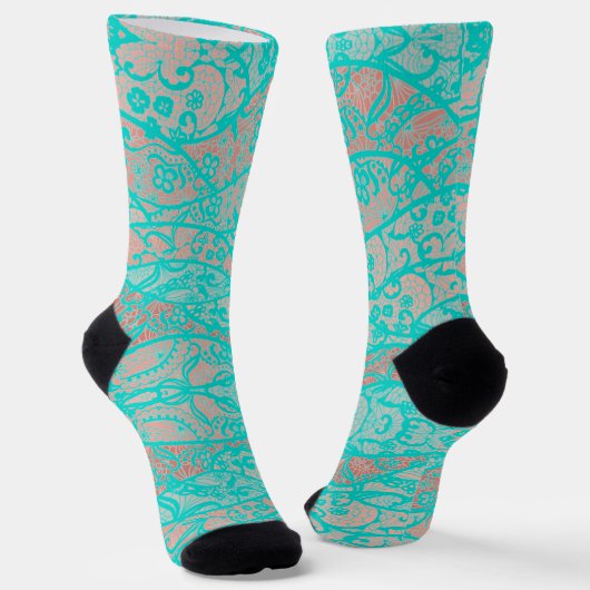 Imitate Türkise Lace Fishnet Blume Socken (Gewinkelt)