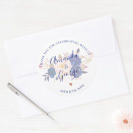 Imitate Vellum Blue Floral Elegantes Script Hochze Runder Aufkleber