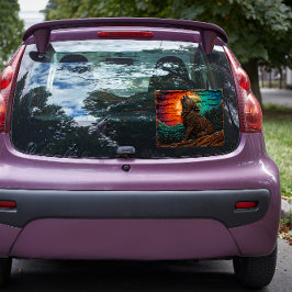 Imitate Wood Carving Wolf Howling Mountain Forest Fensteraufkleber