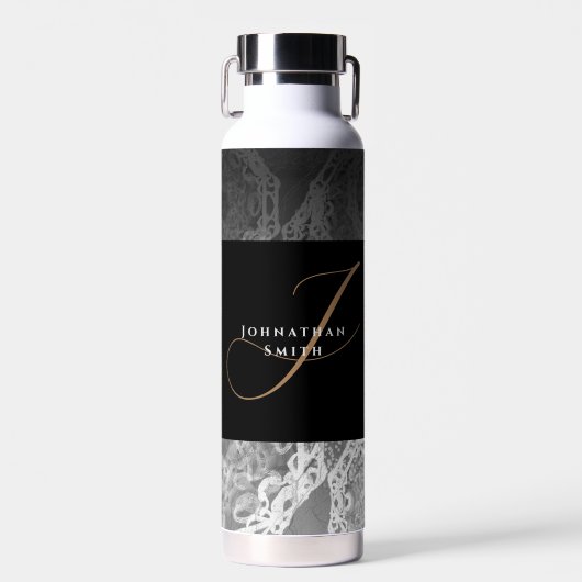 Imitate Ziersilber und Schwarz-Gold Mit Monogramm Trinkflasche (Vorne)