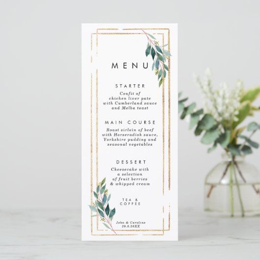 Imitatgoldgeometrische Grünhochzeits-Menükarten Menükarte (Stehend Vorderseite)