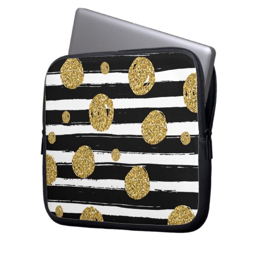 ImitatgoldGlitter punktiert Schwarz-weiße Streifen Laptopschutzhülle (Vorderseite Links)