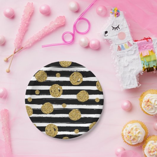 ImitatgoldGlitter punktiert Schwarz-weiße Streifen Pappteller (Party)