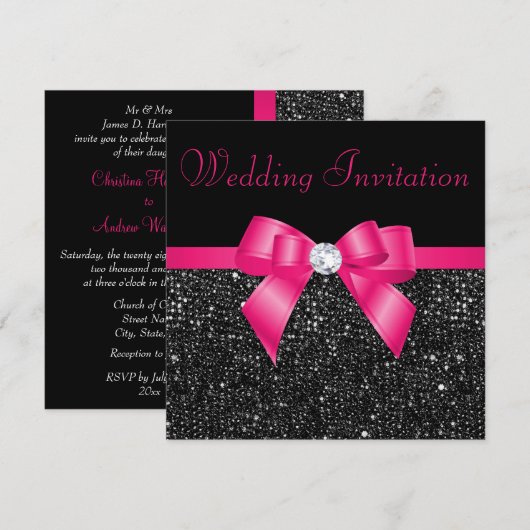 Imitats Black Sequins Hot Pink Bow Wedding Einladung (Vorne/Hinten)
