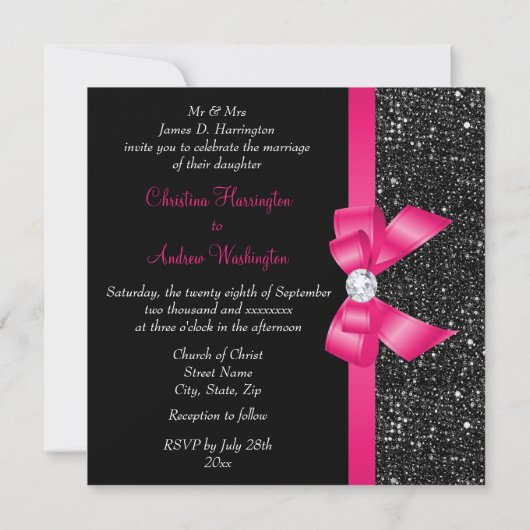 Imitats Black Sequins Hot Pink Bow Wedding Einladung (Rückseite)