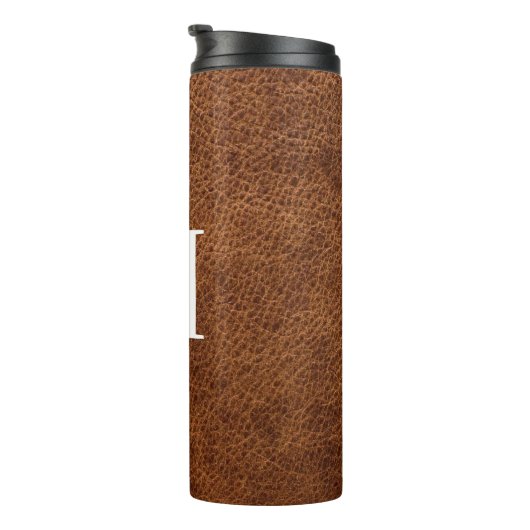 Imitats Brown Leather Modern Monogram Thermosbecher (Nach rechts gedreht)