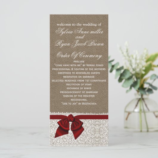 IMITATS Burlap und Red Lace Wedding Programm (Stehend Vorderseite)