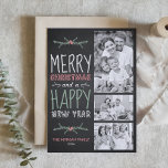 Imitats Chalkboard Frohe Weihnachten Drei Fotos<br><div class="desc">Senden Sie Ihre Urlaubswünsche mit dieser individuell gestaltbaren Weihnachtskarte an Freunde und Familie. Diese Urlaubskarte enthält handgeschriebene Typografie. Personalisieren Sie diese,  indem Sie Ihre Daten hinzufügen. Dieses Foto Weihnachtskarte ist in anderen Farben und Kartenmaterial erhältlich. Matching-Elemente sind verfügbar.</div>