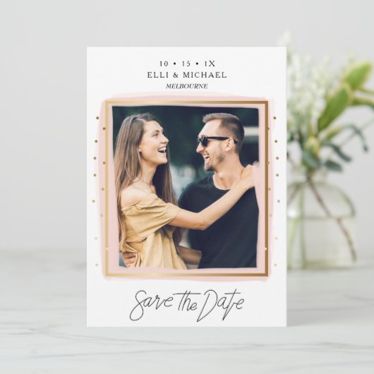 Imitats Confetti Rosa Weiße Foto Save the Date Kar (Stehend Vorderseite)