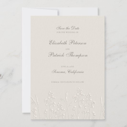 Imitats Embossed Wildblumen Ecru feierliche Hochze Save The Date (Vorderseite)