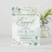 Imitats Ggold Geometric Green Eukalyptus Verlobung Einladung (Stehend Vorderseite)