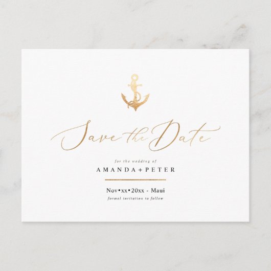 Imitats Gold Anker, Nautik Save the Date Postkarte (Vorderseite)