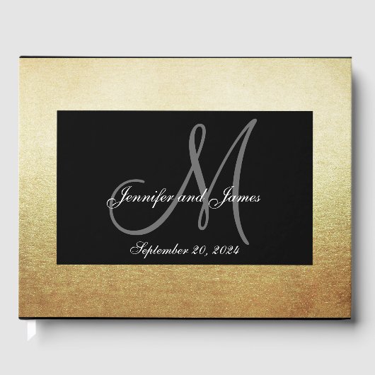 Imitats Gold Black Elegant Monogram Foto Hochzeit Gästebuch (Vorderseite)