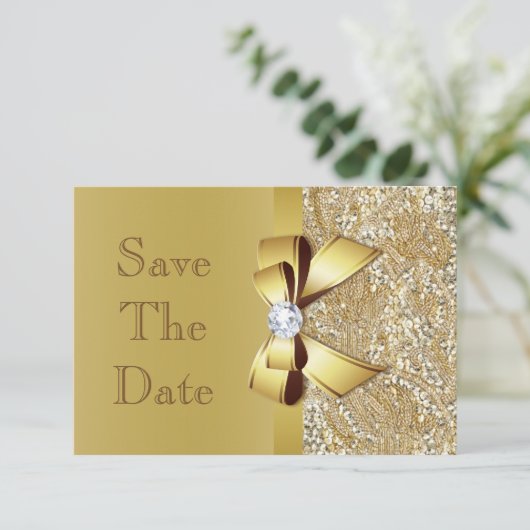 Imitats Gold Bow Diamonds Save the Date Kinderdusc (Stehend Vorderseite)