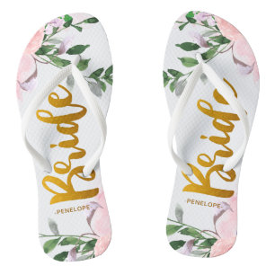Imitats Gold Bridge Script Chic Floral mit Name Badesandalen