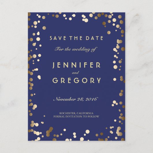 Imitats Gold Confetti Navy Save the Date Postkarte (Vorderseite)